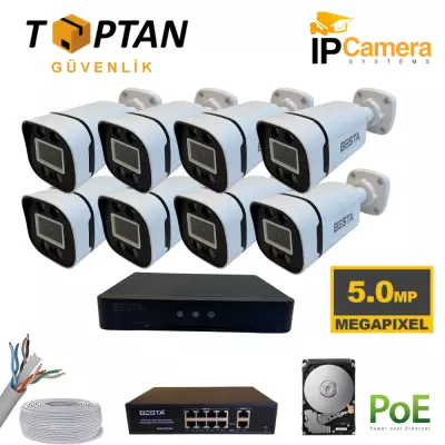 8 Kameralı POE IP Kamera Seti 5MP 1520P Çözünürlük Gece Renkli Su Geçirmez