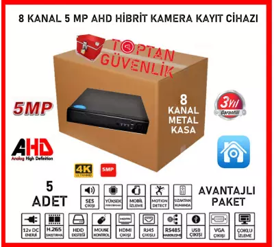 5 MP 8 KANAL 1440P XMEYE AHD 5IN1 HİBRİT H265++ DVR KAMERA KAYIT CİHAZI ARNA-4008 AVANTAJLI 5'Lİ PAKET