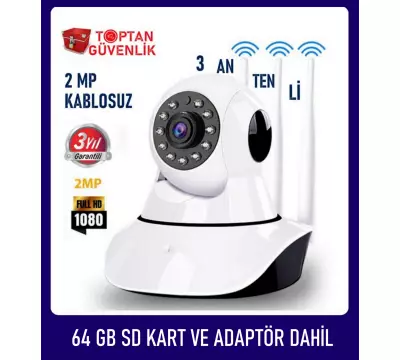 2MP 64GB 1080P FULL HD KABLOSUZ BEBEK GÜVENLİK KAMERASI 3 ANTENLİ ARNA-1064