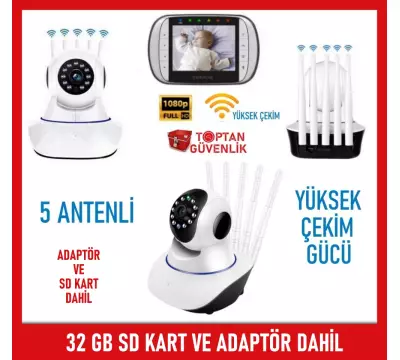 2 MP KABLOSUZ 5 ANTENLİ IP BEBEK KAMERASI 1080P 32 GB SD KART DAHİL ARNA-1532