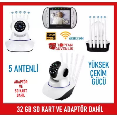 2 MP KABLOSUZ 5 ANTENLİ IP BEBEK KAMERASI 1080P 32 GB SD KART DAHİL ARNA-1532