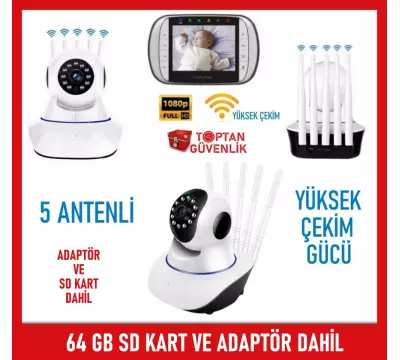 2 MP KABLOSUZ 5 ANTENLİ IP BEBEK KAMERASI 1080P 64 GB SD KART DAHİL ARNA-1564